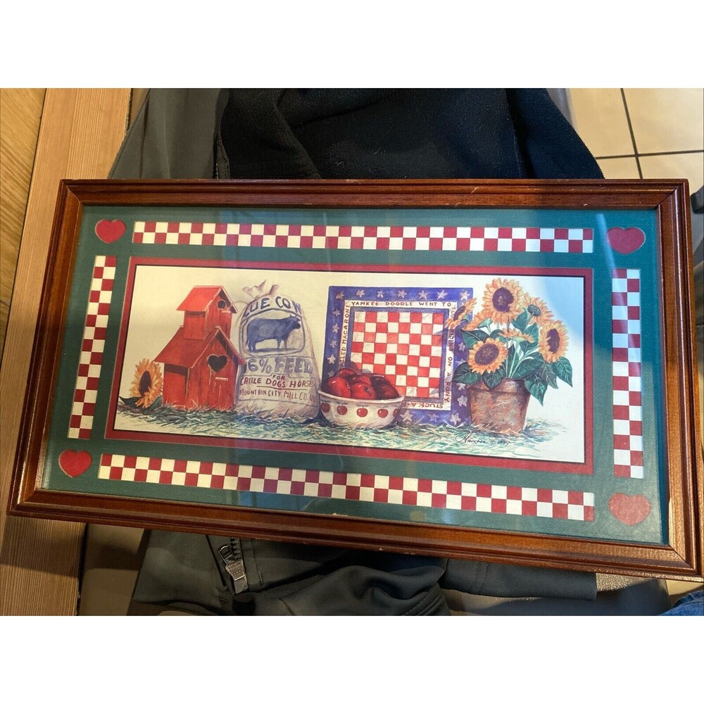Home Interiors & Gifts Country Farm print solid wood frame Walnut finish